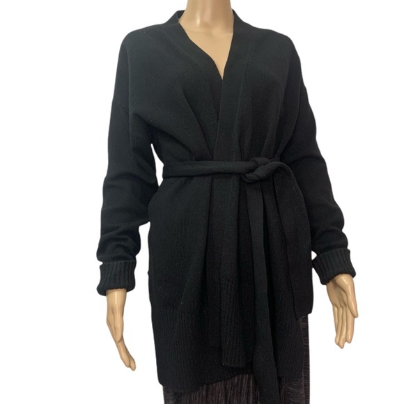 Sandro Paris Black Belted Wool Cashmere Long Sleeve V Neck Long Cardigan Sweater - Picture 1 of 16